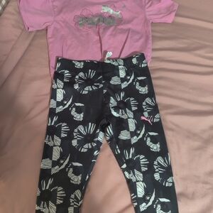Puma Pink Logo Tee with Black & White Floral Leggings Set